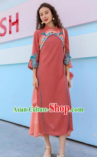 Chinese Traditional Embroidered Pink Dress National Qipao Cheongsam Costumes for Women
