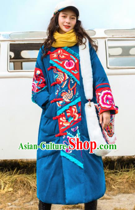 Chinese Traditional Embroidered Blue Cotton Padded Coat National Overcoat Costumes for Women