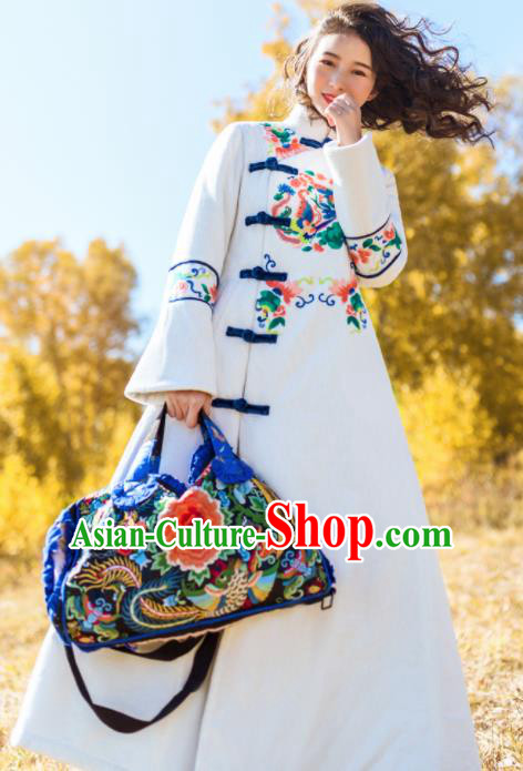 Chinese Traditional Embroidered Butterfly White Dust Coat National Overcoat Costumes for Women