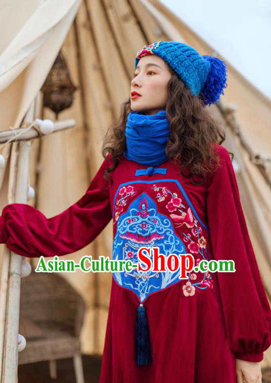 Chinese Traditional Embroidered Wine Red Corduroy Dress National Tang Suit Costumes for Women