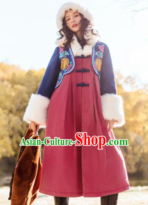 Chinese Traditional Winter Embroidered Dust Coat National Tang Suit Overcoat Costumes for Women