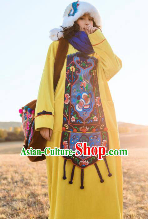Chinese Traditional Embroidered Yellow Dress National Cheongsam Costumes for Women