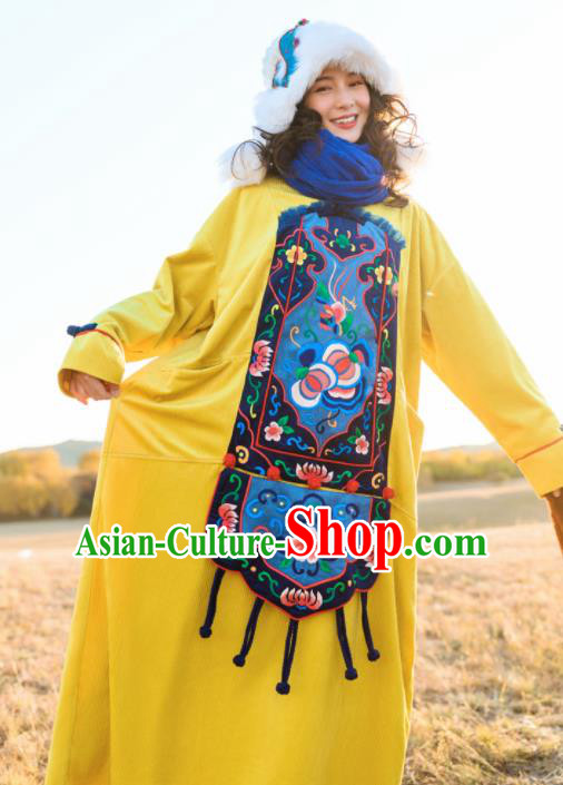Chinese Traditional Embroidered Yellow Dress National Cheongsam Costumes for Women