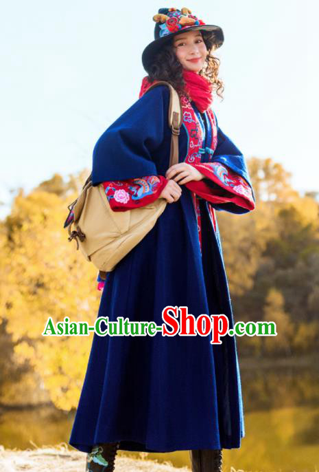 Chinese Traditional Winter Embroidered Navy Woolen Dust Coat National Tang Suit Overcoat Costumes for Women