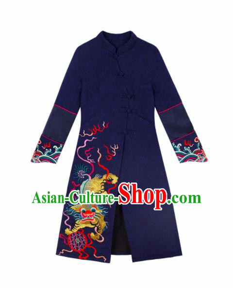 Chinese Traditional Winter Embroidered Lion Navy Dust Coat National Tang Suit Overcoat Costumes for Women
