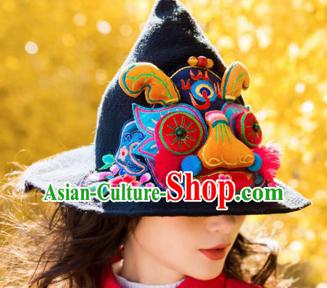 Chinese Traditional Embroidered Tiger Black Hat National Wizard Hat for Women