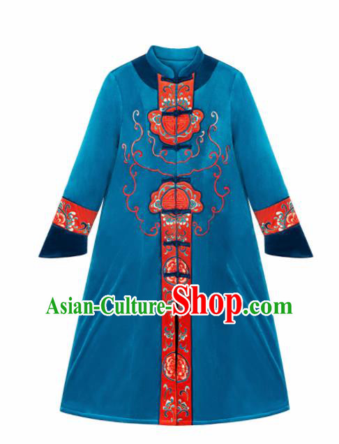 Chinese Traditional Winter Embroidered Blue Velvet Dust Coat National Tang Suit Overcoat Costumes for Women