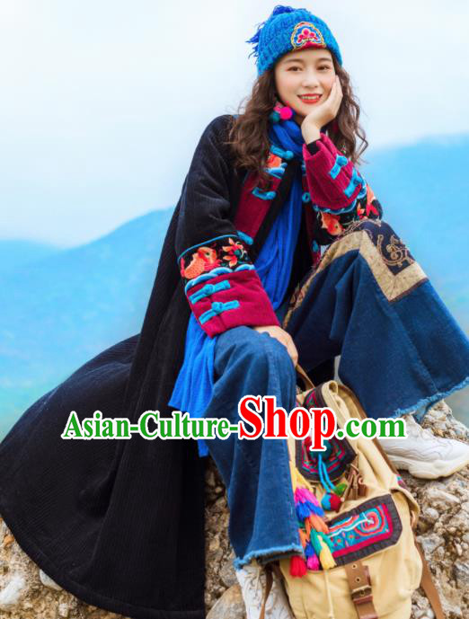 Chinese Traditional Winter Embroidered Black Dust Coat National Tang Suit Overcoat Costumes for Women