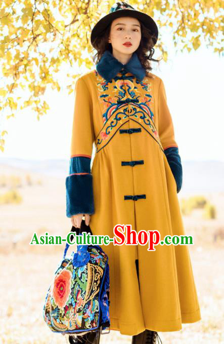 Chinese Traditional Embroidered Ginger Woolen Dust Coat National Tang Suit Overcoat Costumes for Women