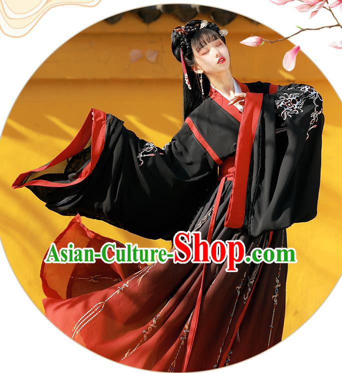 Traditional Chinese Jin Dynasty Patrician Lady Black Hanfu Dress Ancient Royal Princess Embroidered Costumes for Women
