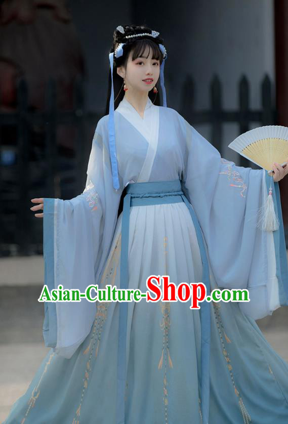 Traditional Chinese Jin Dynasty Blue Hanfu Dress Ancient Palace Princess Costumes for Women