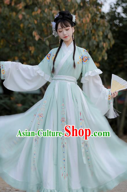 Traditional Chinese Jin Dynasty Historical Costumes Ancient Princess Goddess Green Hanfu Dress for Women