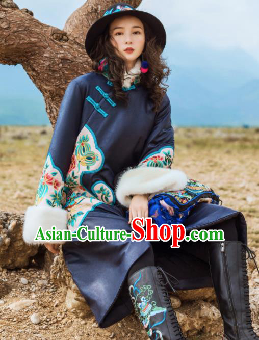 Chinese Traditional Winter Embroidered Navy Dust Coat National Tang Suit Overcoat Costumes for Women