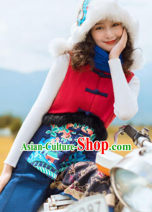 Chinese Traditional Embroidered Red Vest National Upper Outer Garment Tang Suit Waistcoat Costume for Women