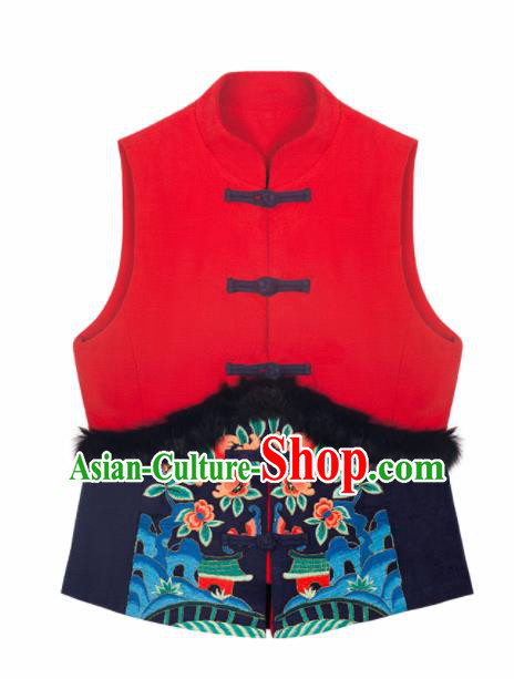 Chinese Traditional Embroidered Red Vest National Upper Outer Garment Tang Suit Waistcoat Costume for Women