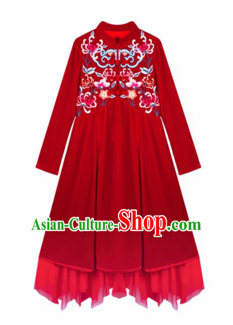 Chinese Traditional Embroidered Wine Red Qipao Dress National Tang Suit Costumes for Women