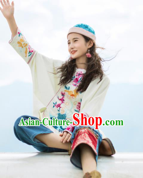 Chinese Traditional Embroidered White Blouse National Upper Outer Garment Tang Suit Shirt Costume for Women