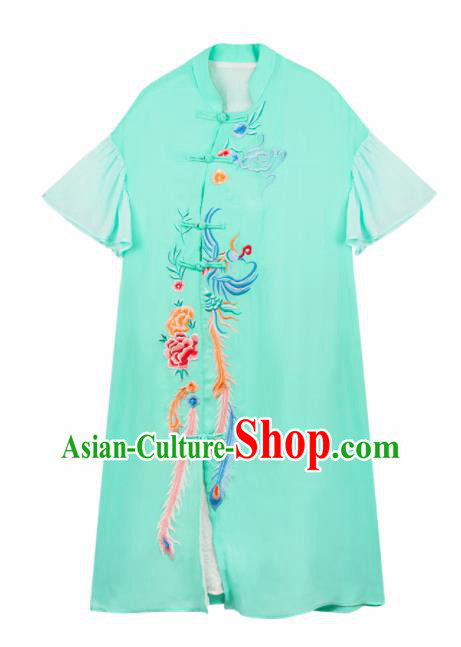 Chinese Traditional Embroidered Phoenix Peony Green Qipao Dress National Tang Suit Cheongsam Costumes for Women