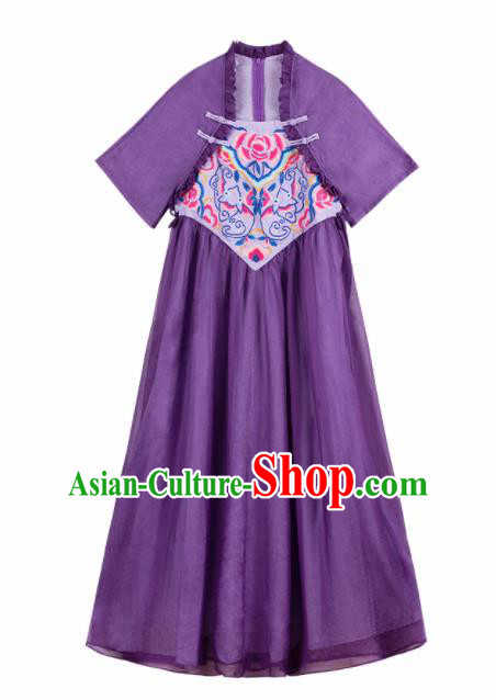 Chinese Traditional Embroidered Peony Purple Qipao Dress National Tang Suit Cheongsam Costumes for Women