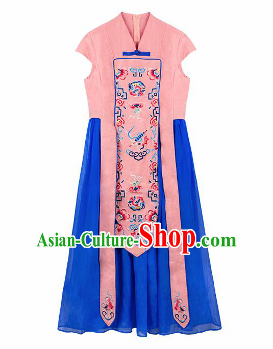 Chinese Traditional Embroidered Bats Pink Qipao Dress National Tang Suit Cheongsam Costumes for Women