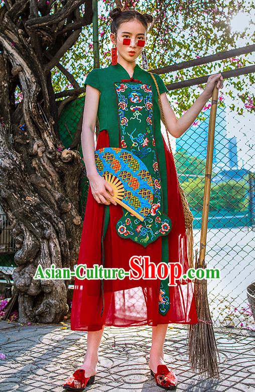 Chinese Traditional Embroidered Bats Green Qipao Dress National Tang Suit Cheongsam Costumes for Women
