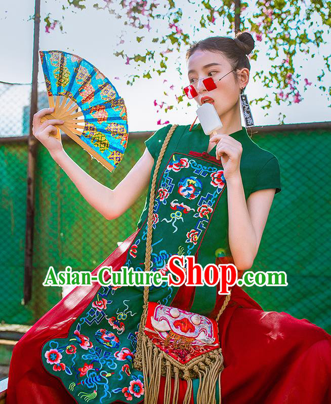 Chinese Traditional Embroidered Bats Green Qipao Dress National Tang Suit Cheongsam Costumes for Women
