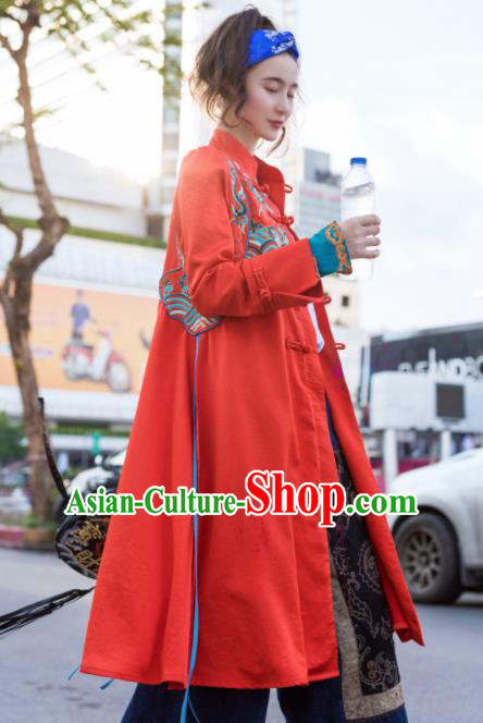 Chinese Traditional Embroidered Red Long Blouse National Upper Outer Garment Tang Suit Costume for Women
