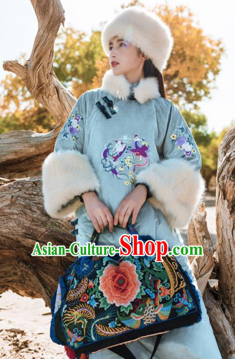Chinese Traditional Winter Embroidered Blue Cotton Padded Dust Coat National Tang Suit Overcoat Costumes for Women
