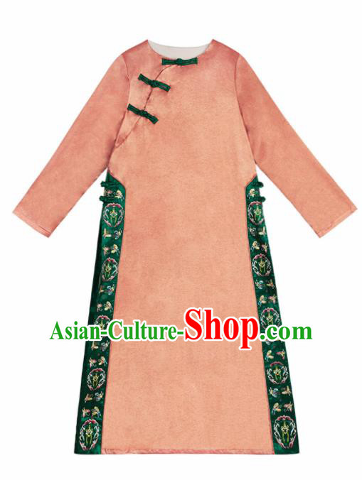 Chinese Traditional Embroidered Pink Qipao Dress National Tang Suit Cheongsam Costumes for Women