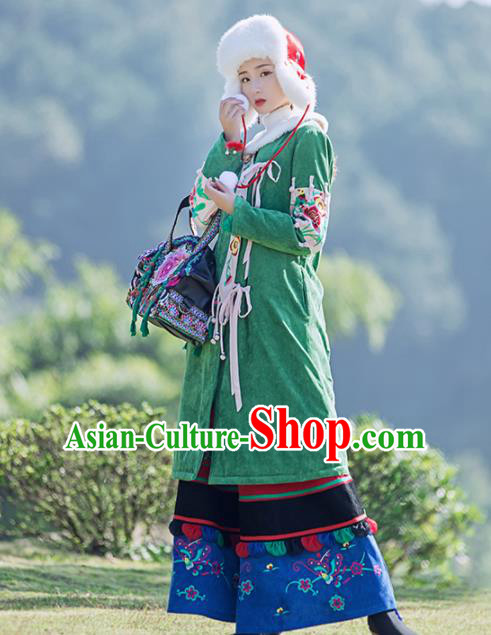 Chinese Traditional Winter Embroidered Green Corduroy Cotton Padded Coat National Tang Suit Overcoat Costumes for Women
