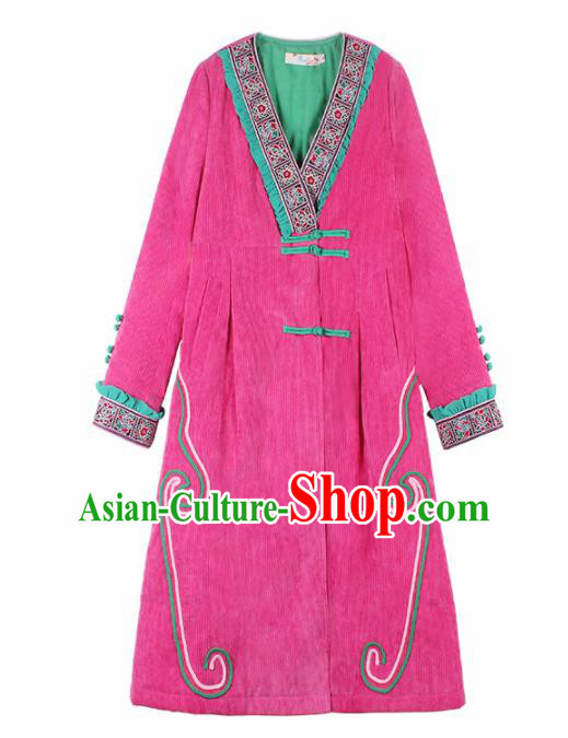 Chinese Traditional Winter Embroidered Rosy Cotton Padded Coat National Tang Suit Overcoat Costumes for Women