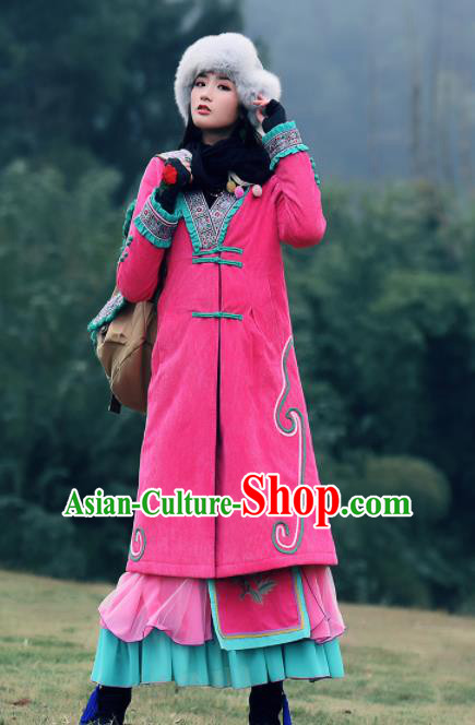 Chinese Traditional Winter Embroidered Rosy Cotton Padded Coat National Tang Suit Overcoat Costumes for Women