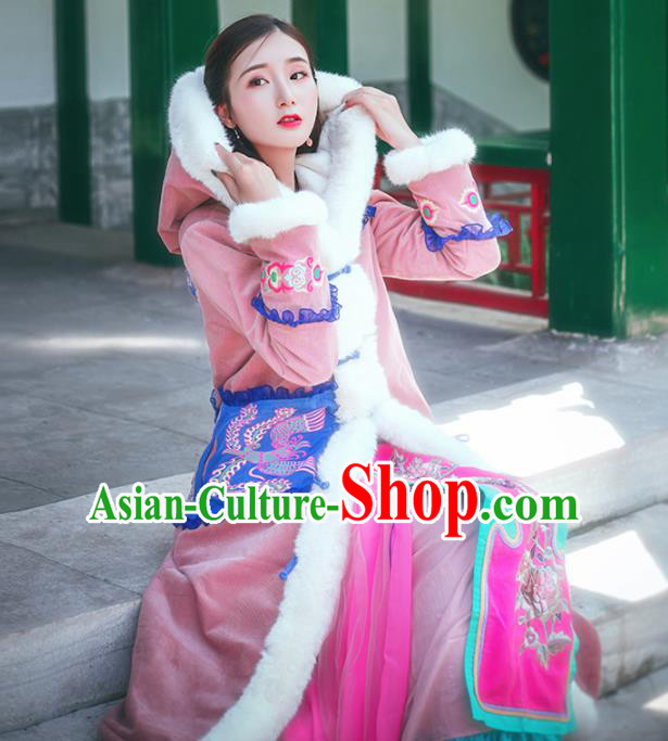 Chinese Traditional Winter Embroidered Hooded Pink Cotton Padded Coat National Tang Suit Overcoat Costumes for Women