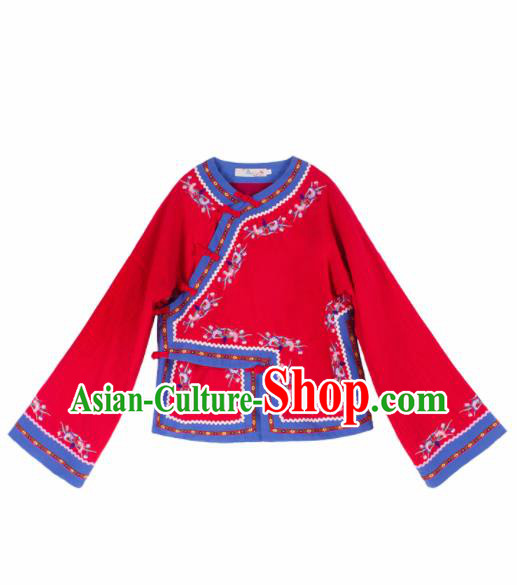 Chinese Traditional Embroidered Red Shirt National Upper Outer Garment Tang Suit Costume for Women