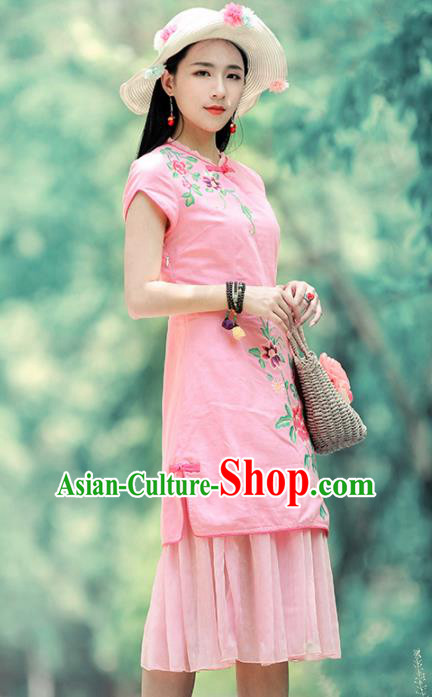 Chinese Traditional Embroidered Peony Pink Qipao Dress National Tang Suit Cheongsam Costumes for Women
