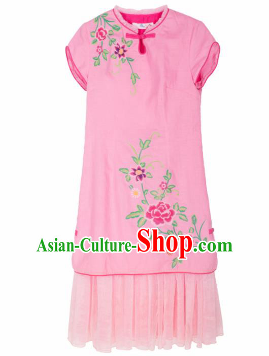 Chinese Traditional Embroidered Peony Pink Qipao Dress National Tang Suit Cheongsam Costumes for Women