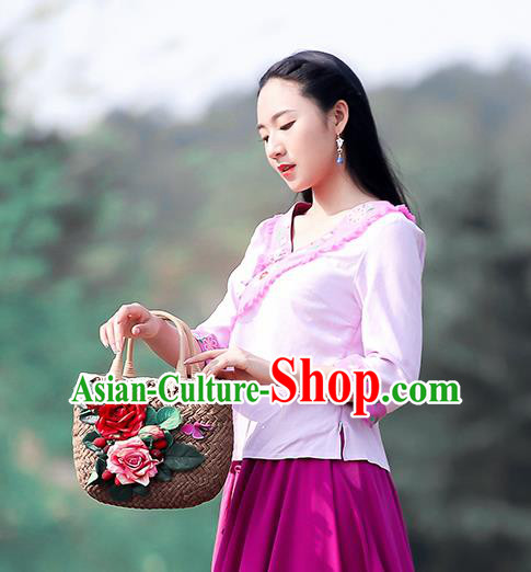 Chinese Traditional Embroidered Light Purple Shirt National Upper Outer Garment Tang Suit Costume for Women