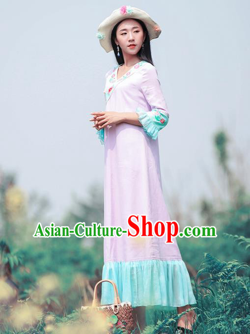 Chinese Traditional Embroidered Lilac Dress National Tang Suit Cheongsam Costumes for Women