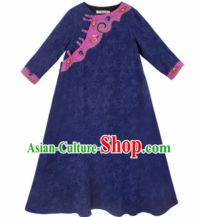 Chinese Traditional Deep Blue Dress National Tang Suit Cheongsam Costumes for Women