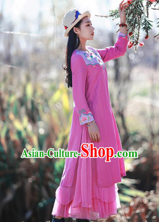 Chinese Traditional Embroidered Rosy Dress National Tang Suit Cheongsam Costumes for Women
