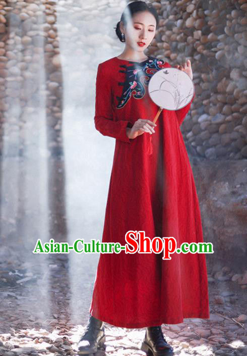 Chinese Traditional Embroidered Red Qipao Dress National Tang Suit Cheongsam Costumes for Women