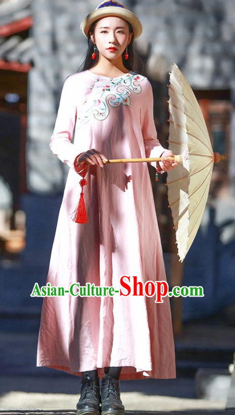 Chinese Traditional Embroidered Pink Qipao Dress National Tang Suit Cheongsam Costumes for Women