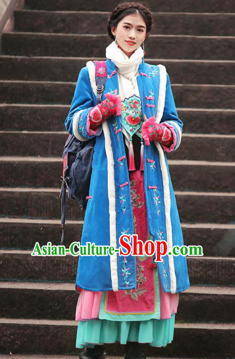 Chinese Traditional Winter Embroidered Blue Corduroy Cotton Padded Coat National Tang Suit Overcoat Costumes for Women