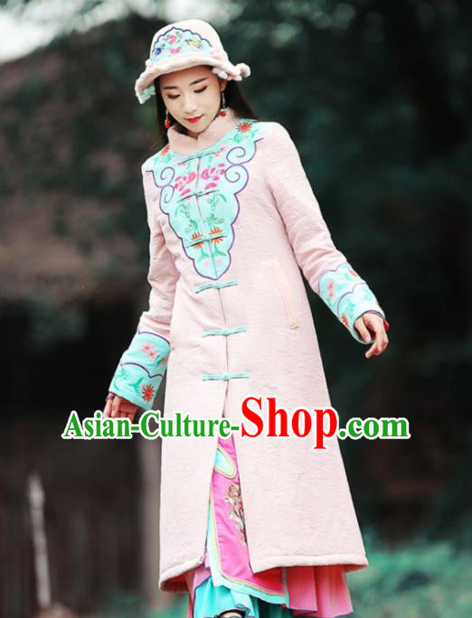 Chinese Traditional Winter Embroidered Pink Cotton Padded Coat National Tang Suit Overcoat Costumes for Women