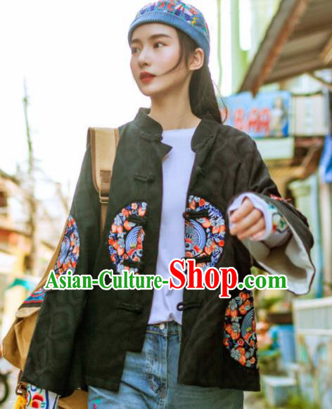 Chinese Traditional Winter Embroidered Black Jacket National Tang Suit Overcoat Costumes for Women