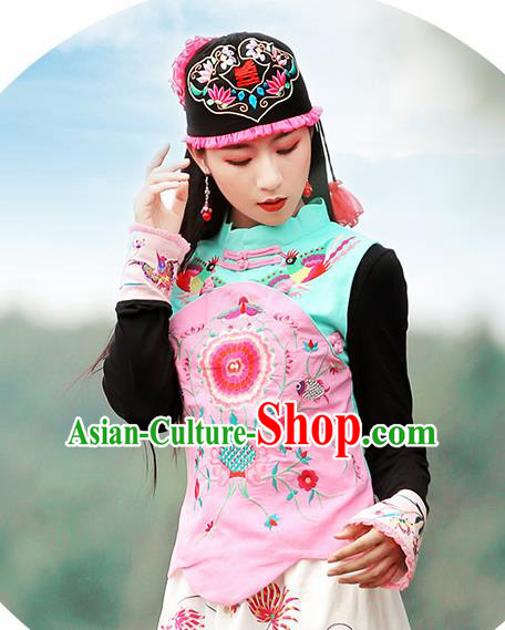 Chinese Traditional Embroidered Pink Waistcoat National Upper Outer Garment Tang Suit Costume for Women