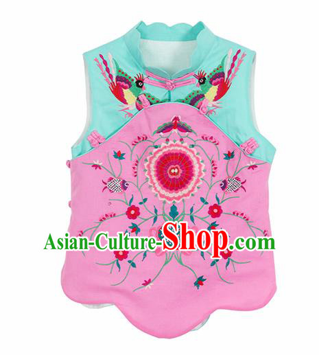 Chinese Traditional Embroidered Pink Waistcoat National Upper Outer Garment Tang Suit Costume for Women