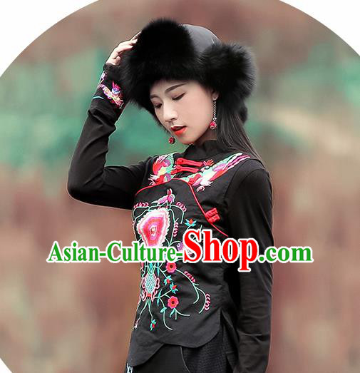 Chinese Traditional Embroidered Black Waistcoat National Upper Outer Garment Tang Suit Costume for Women