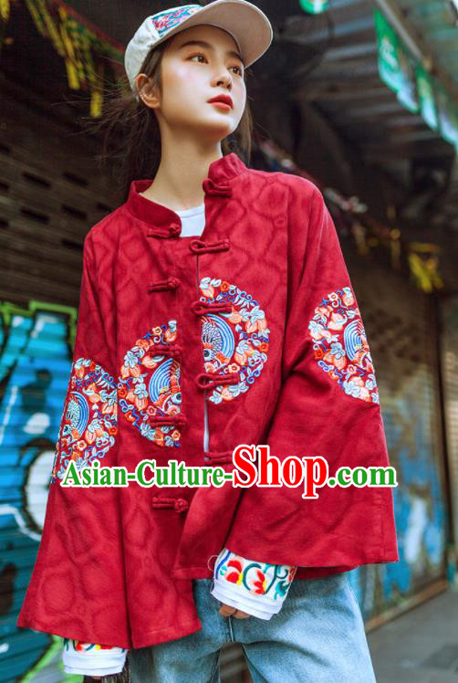Chinese Traditional Winter Embroidered Red Jacket National Tang Suit Overcoat Costumes for Women