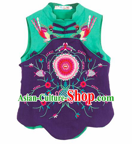 Chinese Traditional Embroidered Purple Waistcoat National Upper Outer Garment Tang Suit Costume for Women